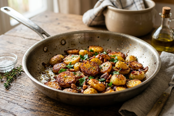 Gebratene Kartoffeln knusprig in der Edelstahlpfanne
